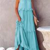 Summer New Holiday Style Ruffled Long Dress Sleeveless Round Neck Swing Elegant Beach Dress Women