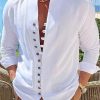 Men's Shirt Linen Shirt Button Up Shirt Casual Shirt Summer Shirt Black White Pink Long Sleeve Plain Band Collar Summer Spring & Fall Daily Vacation Clothing Apparel
