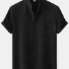Summer New Machine-washable Men's Stand-up Collar Hot Short-sleeved Solid-color Cotton Linen Pocket Decorative Men's Shirt