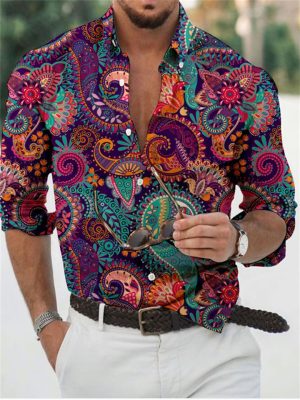Men's Shirt Graphic Shirt Floral Turndown White Yellow Light Purple Purple 3D Print Daily Holiday Long Sleeve 3D Print Button-Down Clothing Apparel Fashion Designer Casual Breathable