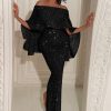 Back Large Ruffle Wrapped Chest One Shoulder Dress Package Hip Open Evening Dress